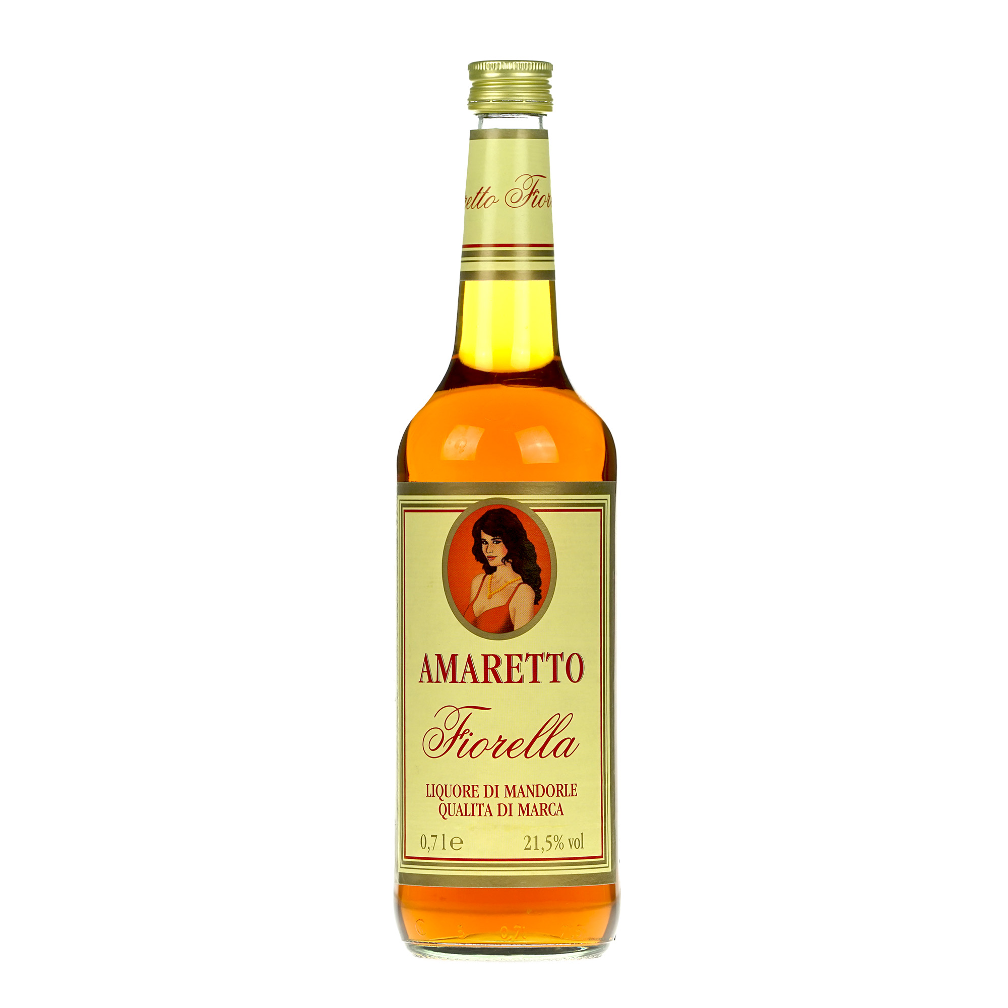 Das Bild zeigt eine Flasche Amaretto Fiorella auf weißem Hintergrund. 