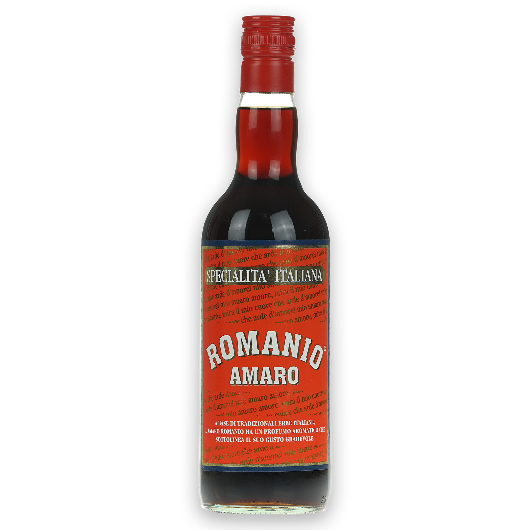 Das Bild zeigt eine Flasche Romanio Amaro auf weißem Hintergrund
