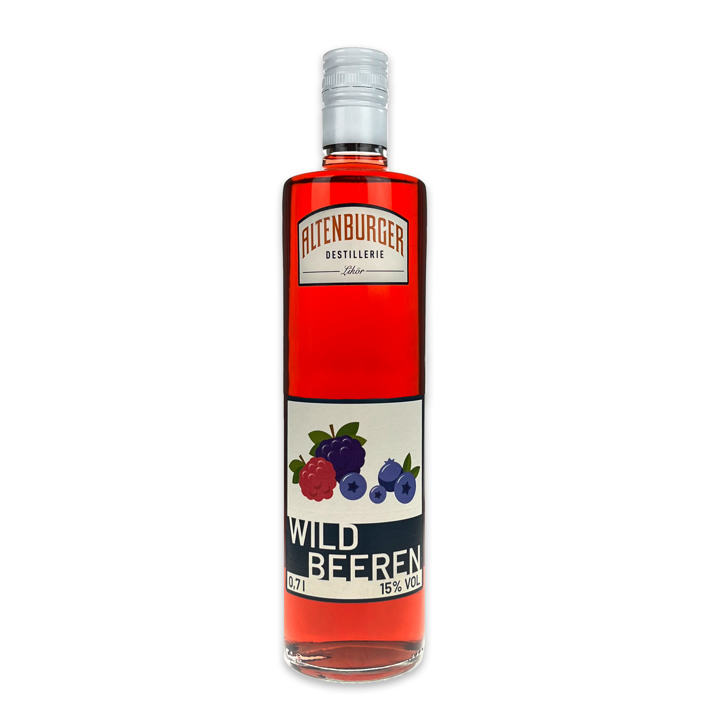 Das Bild zeigt eine Flasche Wildbeeren Likör der Altenburger Destillerie vor weißem Hintergrund