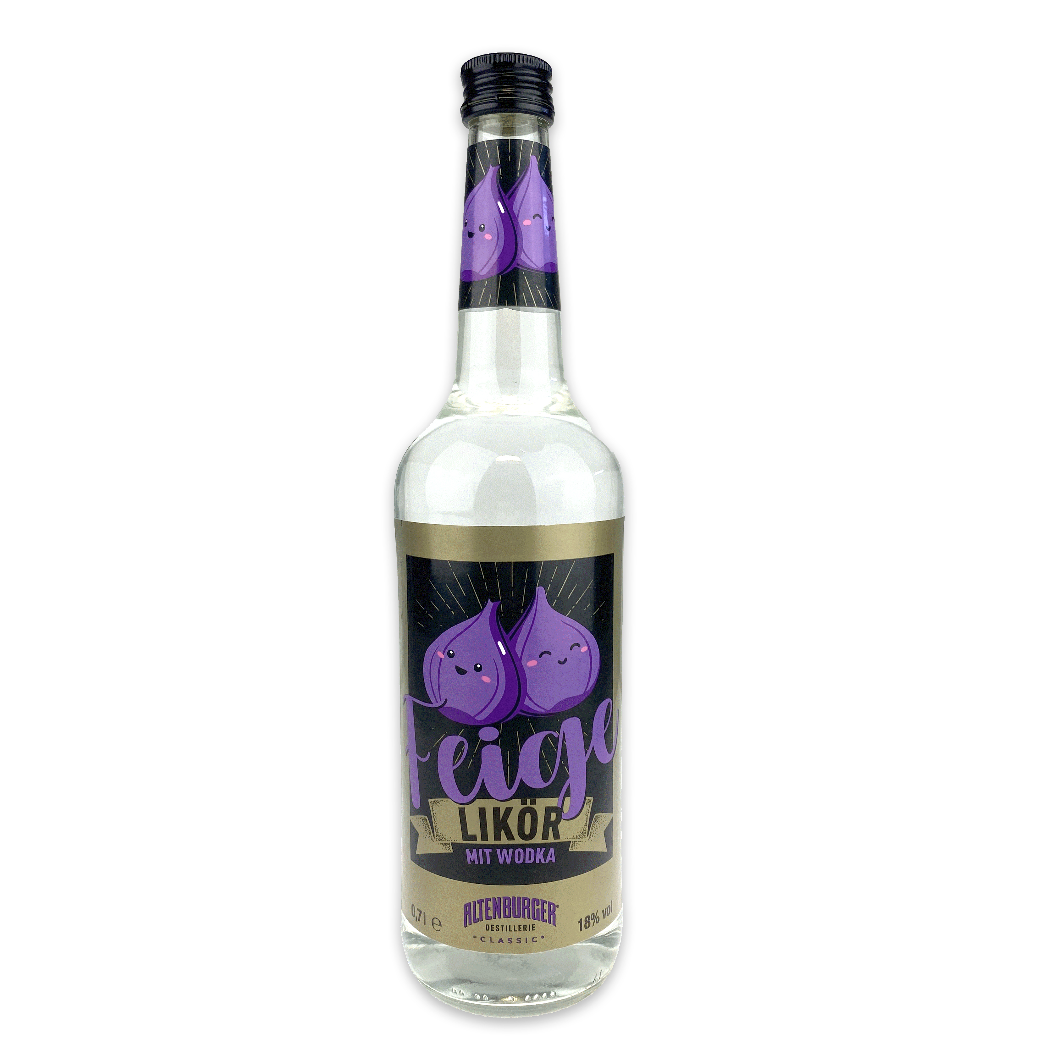 Das Bild zeigt eine Flasche Wodka Feige Likör der Altenburger Destillerie vor weißem Hintergrund.