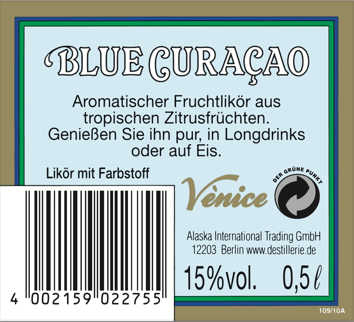 Das Bild zeigt das Rücketikett des Fertigcocktails Venice Blue Curacao