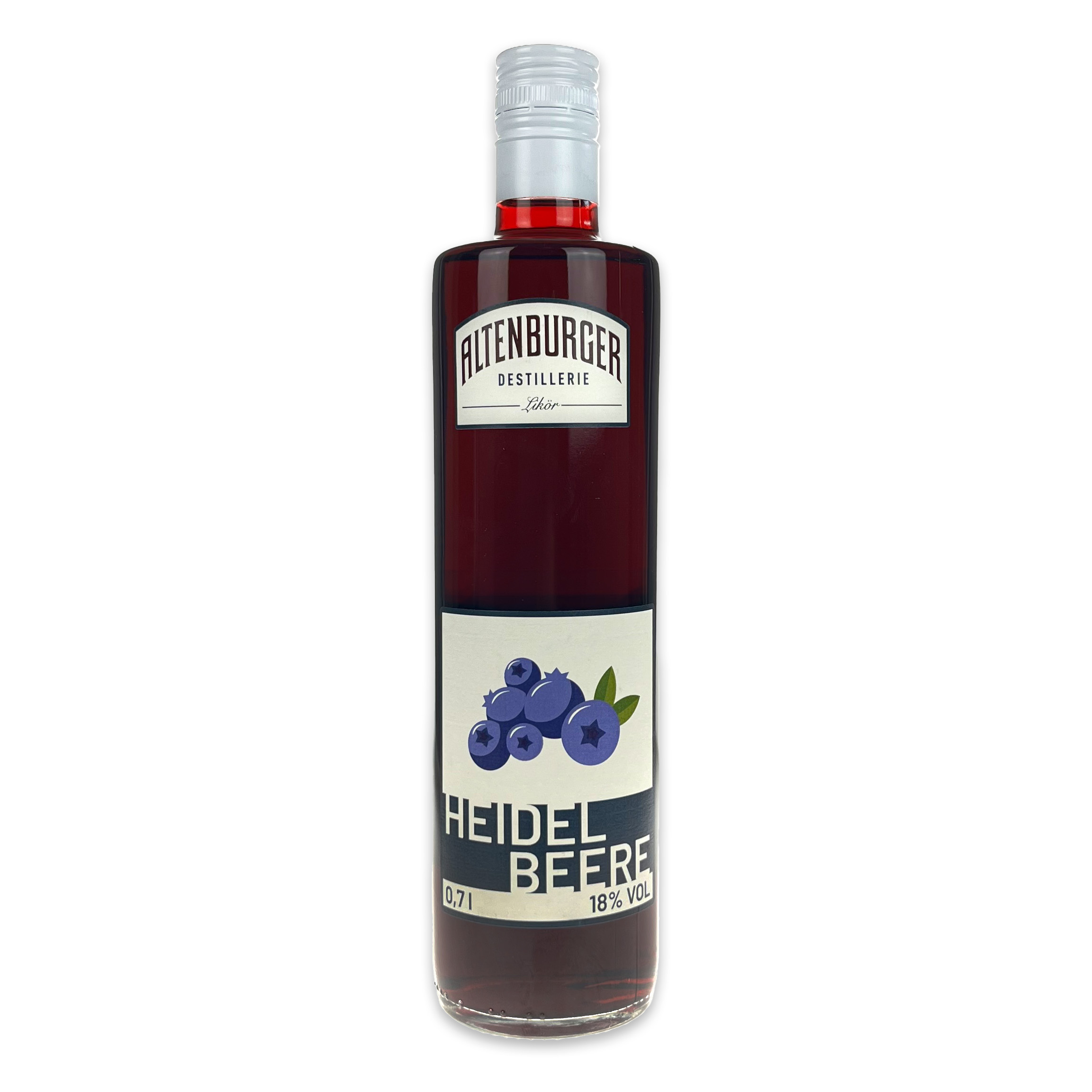 Das Bild zeigt eine Flasche Heidelbeeren Likör der Altenburger Destillerie vor weißem Hintergrund